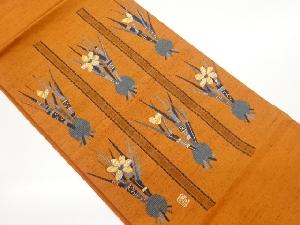 作家物　手織り紬草花に縞模様織出し名古屋帯